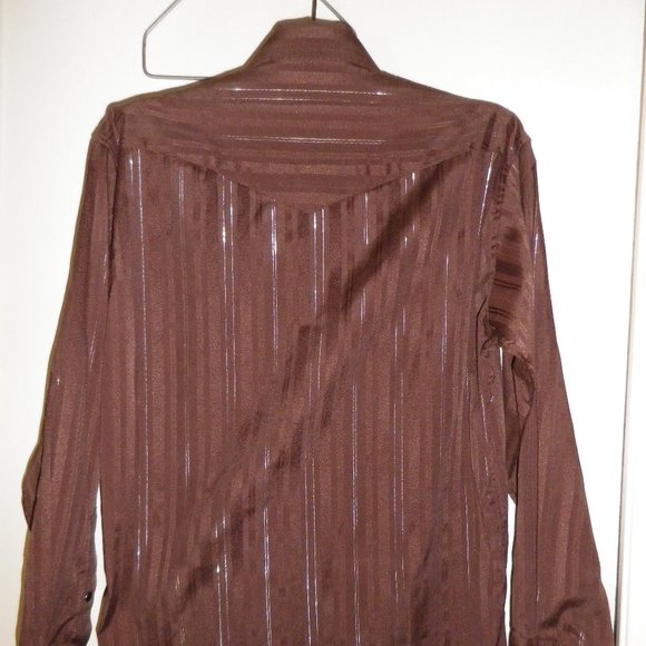 Man's Western Shirt - chocolate brown w/ silver metallic stripes - snap closures - Picture 2 of 3